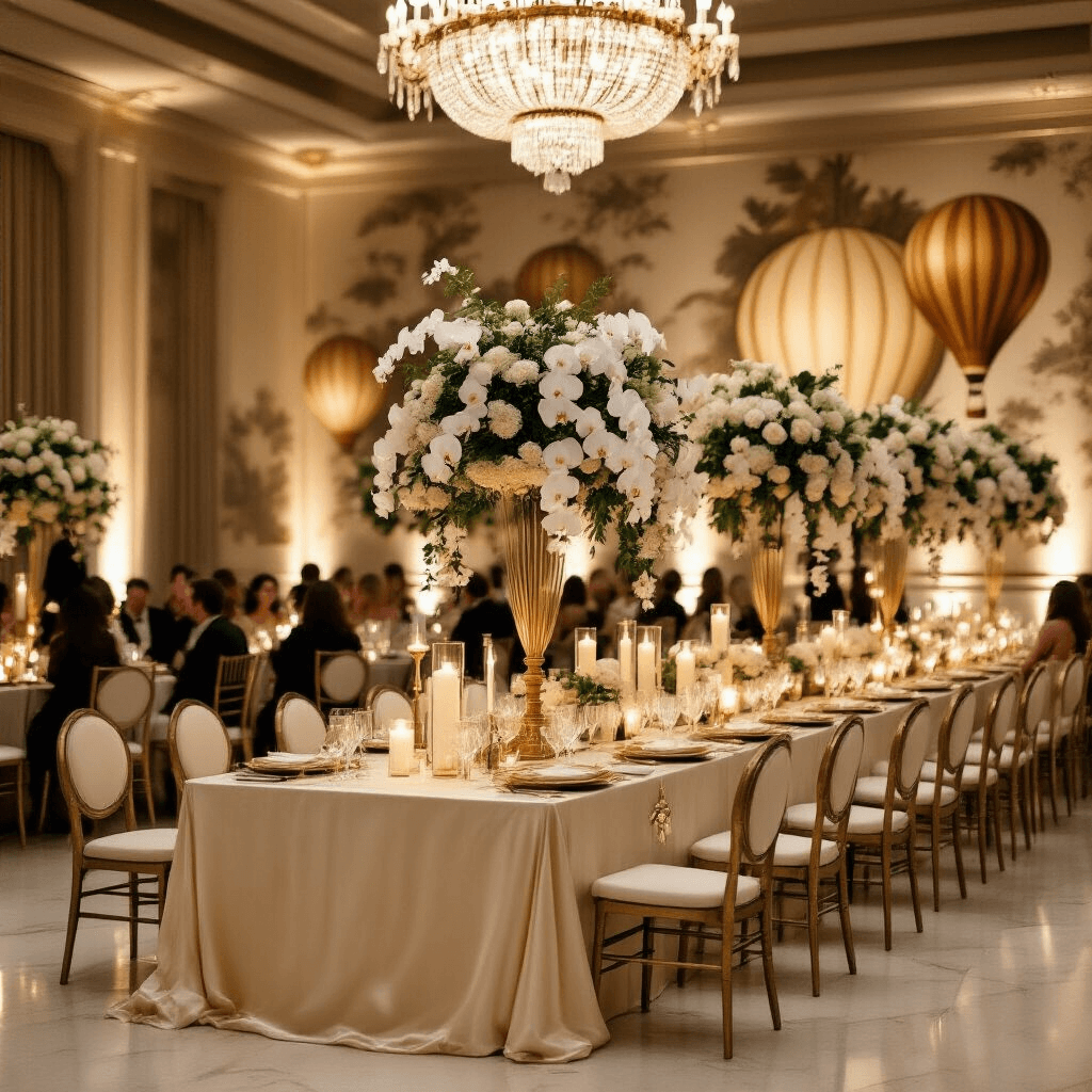 Balloon Wallpaper: Everything You Need to Transform Your Space Without Regrets Cinematic wide shot of an elegant indoor ballroom celebration, featuring long ivory silk tables with brass balloon centerpieces and cascading white orchids, set against vintage wallpaper, amber chandelier lighting, refined place settings, and a sophisticated dessert display.