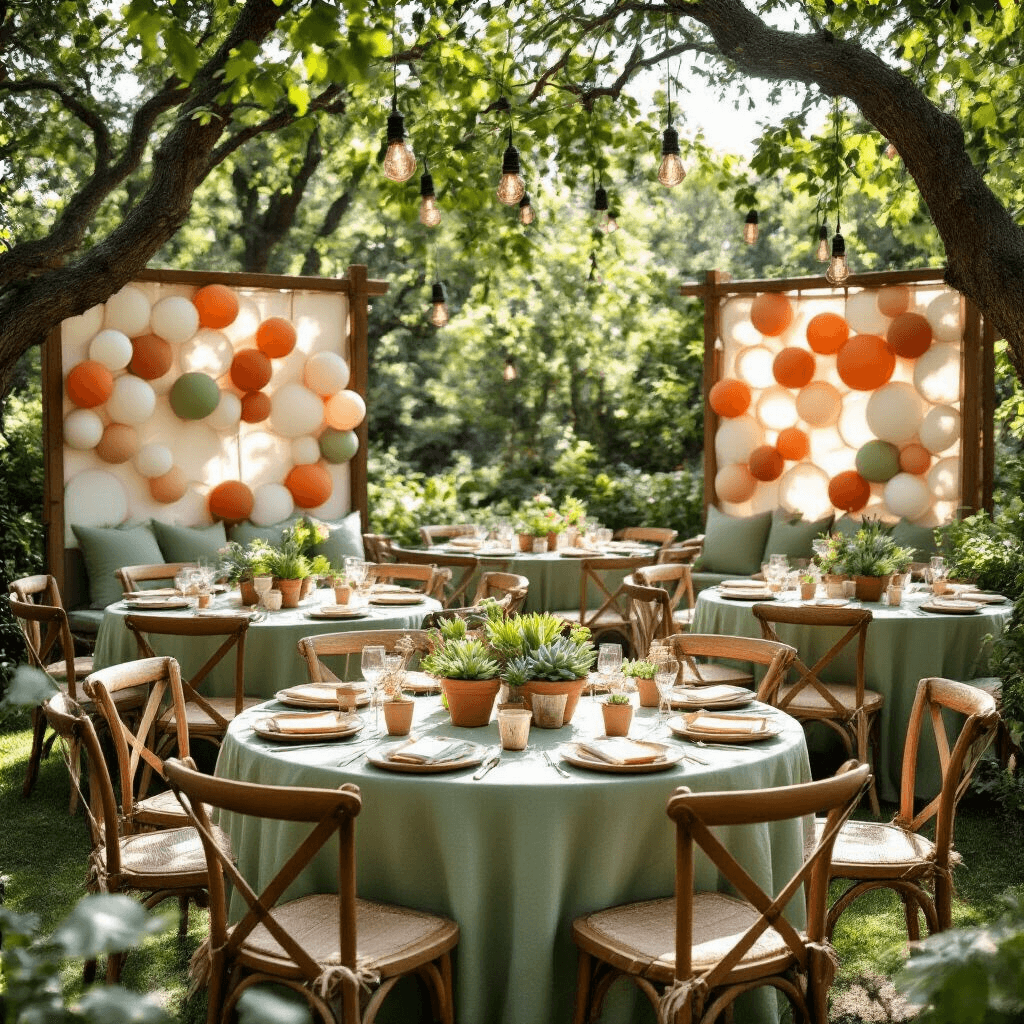 Balloon Wallpaper: Everything You Need to Transform Your Space Without Regrets A whimsical garden party setup featuring round tables with sage green linens, low succulent arrangements in terracotta pots, and earth-toned balloon picks, under dappled sunlight. Intimate booth-style seating areas are created with 3D effect balloon wallpaper panels, surrounded by mismatched vintage chairs. Mason jar lanterns hang from shepherd's hooks, and picnic-style place settings include bamboo plates and linen napkins tied with twine. A rustic dessert station displays balloon-shaped cookies and potted herbs, enhancing the organic texture of the space.