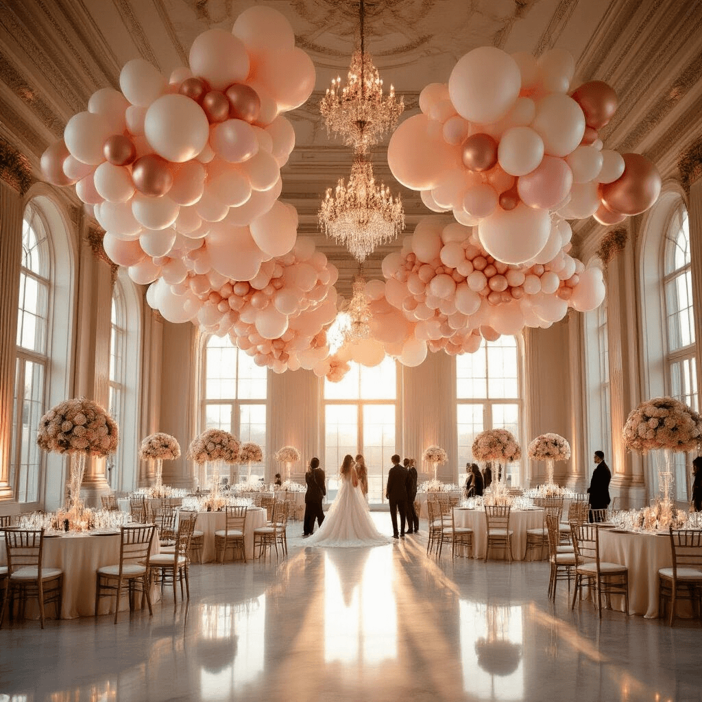 Linking Balloons: Everything You Need to Know About Creating Stunning Balloon Displays A wide-angle view of an elegant ballroom adorned with interconnected balloon installations in blush pink, cream, and rose gold during golden hour, with soft sunlight illuminating round tables draped in silk ivory linens and low balloon garlands, as guests in formal attire mingle beneath spiral balloon columns and crystal chandeliers.