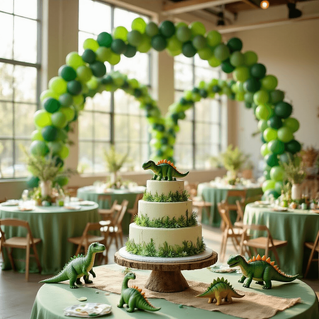 Everything You Need to Know About Green Balloons for Your Next Celebration A whimsical indoor dinosaur-themed birthday party with sage green tables, eucalyptus and lime balloon garlands, a three-tiered dinosaur cake, ceramic dinosaur centerpieces, and confetti-filled balloons, all bathed in soft afternoon sunlight.