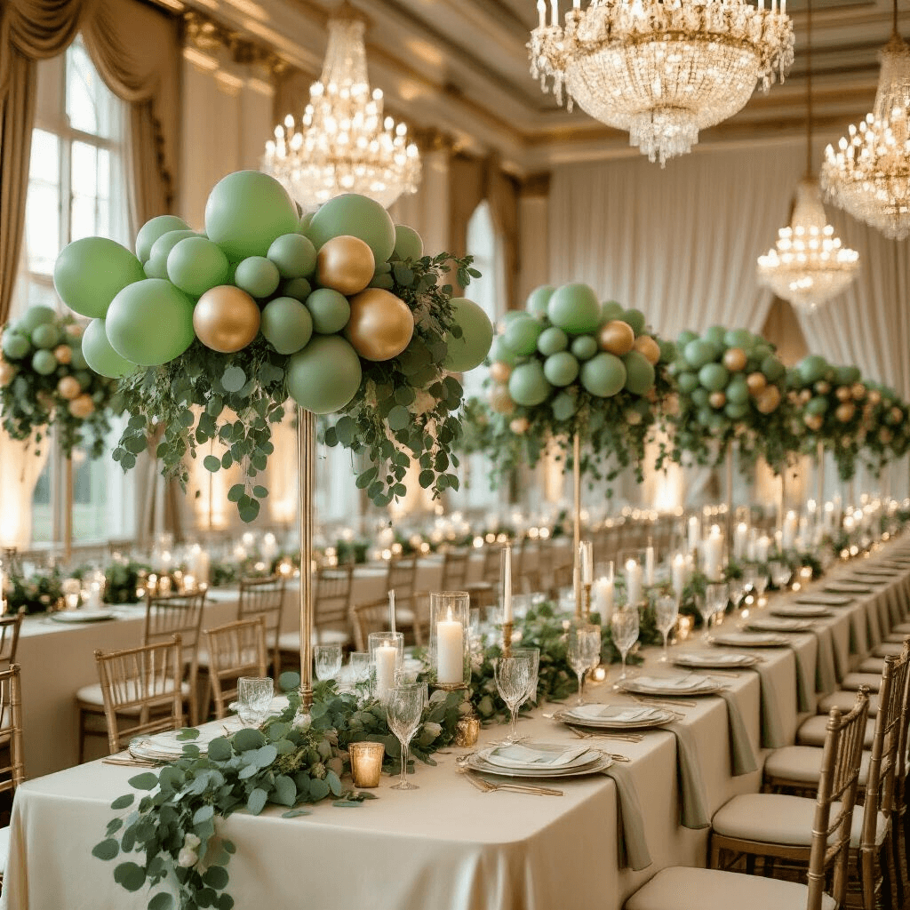 Everything You Need to Know About Green Balloons for Your Next Celebration Elegant wedding reception setup in a grand ballroom featuring sage green and cream silk table linens, gold accents, and eucalyptus garlands, with crystal chandeliers and ambient candlelight creating a warm, sophisticated atmosphere.