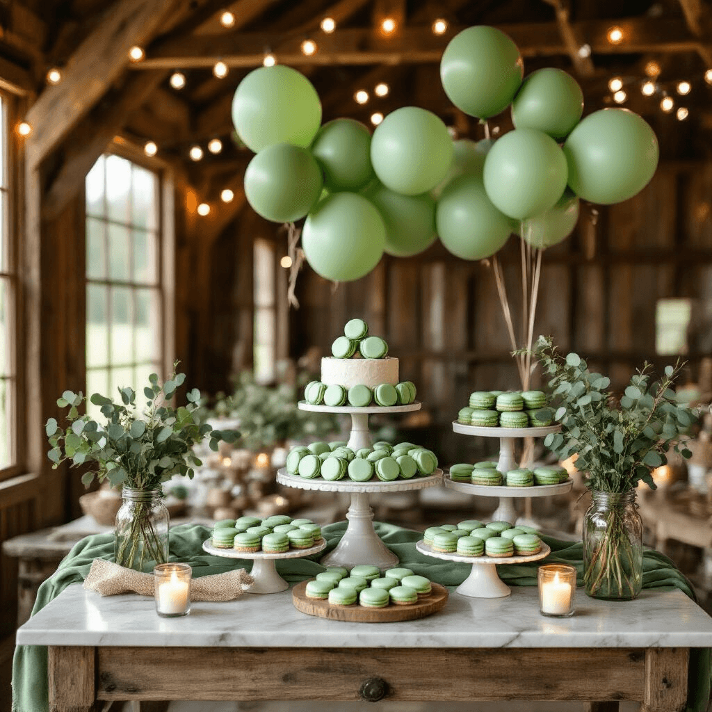 Everything You Need to Know About Green Balloons for Your Next Celebration A close-up view of a rustic dessert table at a woodland baby shower, featuring a vintage marble cart draped with sage green velvet runners, tiered ceramic cake stands displaying woodland-themed treats, and mason jars filled with eucalyptus, surrounded by clusters of mint and olive green balloons, warm natural light, and string lights overhead.