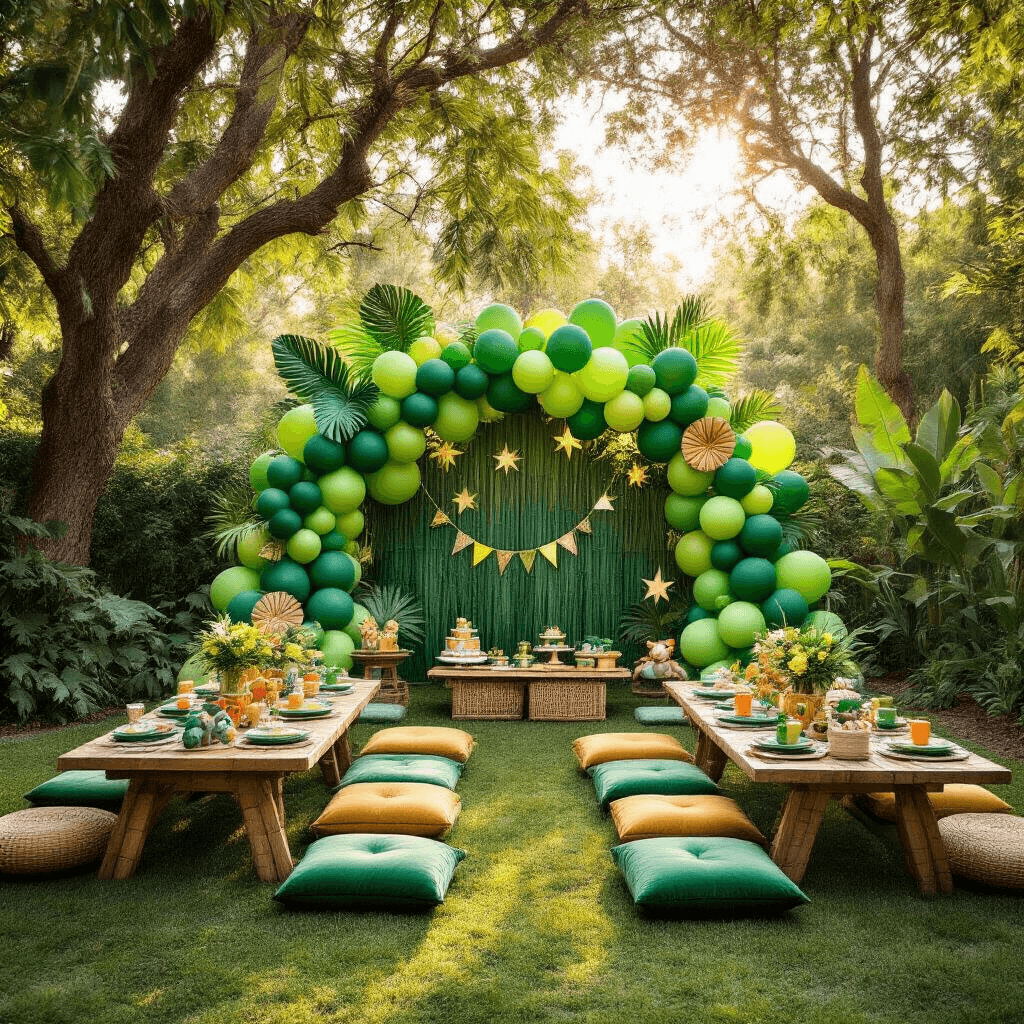 Everything You Need to Know About Green Balloons for Your Next Celebration A vibrant jungle-themed children's party set in a stylish backyard during golden hour, featuring low picnic tables with velvet green cushions, elaborate balloon installations, and a dramatic green balloon arch backdrop, all surrounded by lush greenery and tropical decorations.