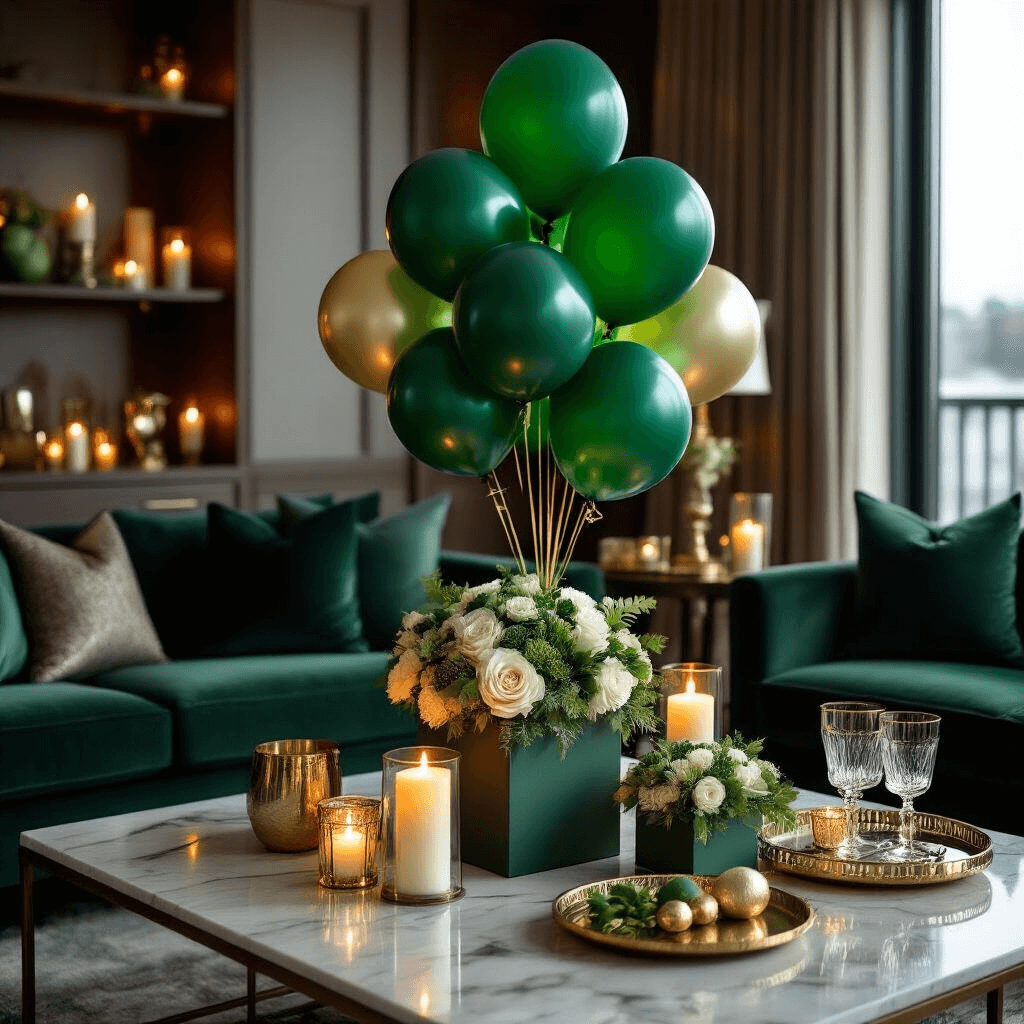 Everything You Need to Know About Green Balloons for Your Next Celebration An elegant St. Patrick's Day celebration in a modern living room, featuring green balloon bouquets, candlelit ambiance, and luxurious decor with velvet cushions and crystal glassware.