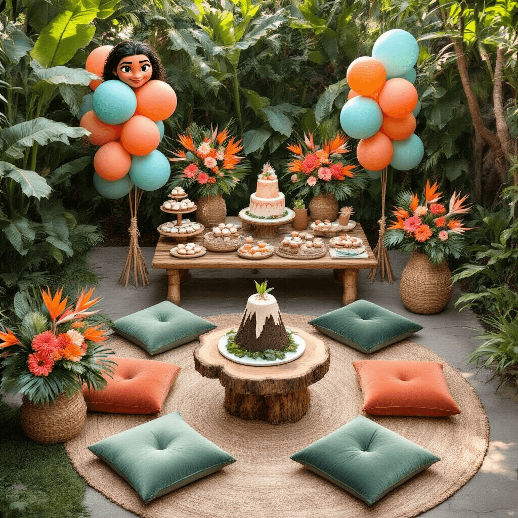 Disney Balloons: The Complete Guide to Magical Party Decorations That Won't Break the Bank Overhead flat lay of a Moana-themed garden party setup featuring rustic wooden tables, sage green and terracotta velvet cushions, tropical floral centerpieces, character-shaped balloons, a volcano-shaped cake, and personalized palm leaf place cards.