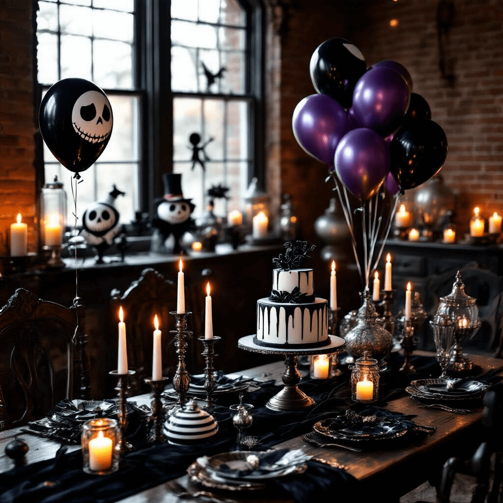 Disney Balloons: The Complete Guide to Magical Party Decorations That Won't Break the Bank A moody candlelit living room set for a Nightmare Before Christmas themed party, featuring dark wooden furniture, black velvet table runners, Jack Skellington and Sally foil balloons, a black and white striped birthday cake on a silver stand, gothic-style glass cloches, asymmetrical clusters of deep purple and metallic balloons, and string lights in mason jars illuminating exposed brick walls. Place settings include matte black plates, silver chargers, and skeleton key party favors with purple ribbon.