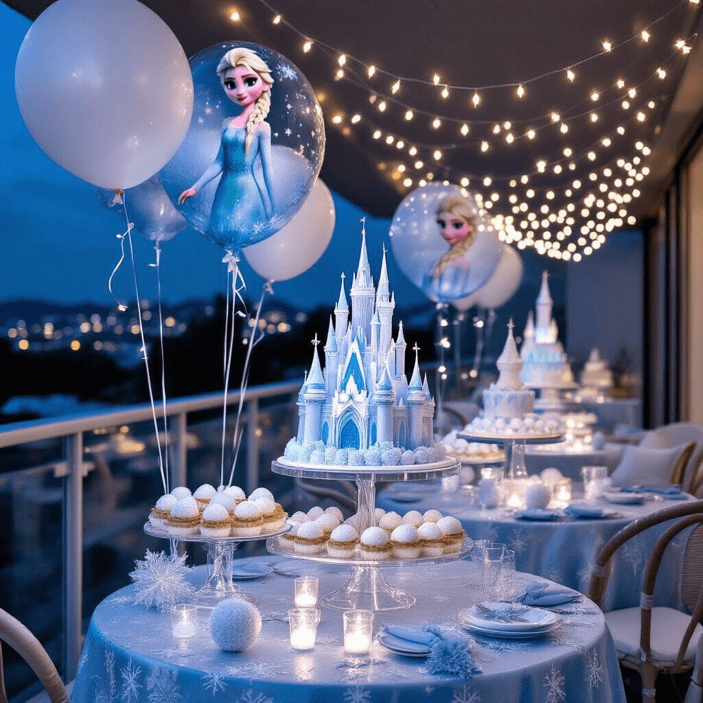 Disney Balloons: The Complete Guide to Magical Party Decorations That Won't Break the Bank Whimsical Frozen-themed party setup on a modern balcony at night, featuring a tiered dessert display with an elaborate Elsa castle cake, snowball cake pops, and sugar cookies, illuminated by fairy lights. Elsa and Anna air walker balloons sway in the breeze, while icy blue silk table linens and organic balloon garlands add to the festive atmosphere. Crystal-inspired centerpieces and personalized lyric cards complete the enchanting scene.