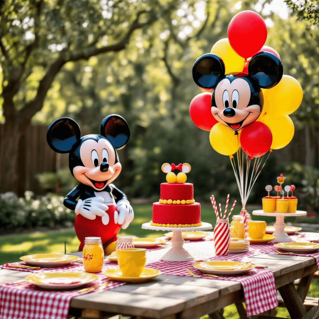 Disney Balloons: The Complete Guide to Magical Party Decorations That Won't Break the Bank A sunny backyard Mickey Mouse themed party featuring picnic seating with gingham tablecloths, yellow dishware, a walking Mickey balloon, a red velvet cake with Mickey ear toppers, and decorative balloons in Mickey shapes, all set for a fun celebration.