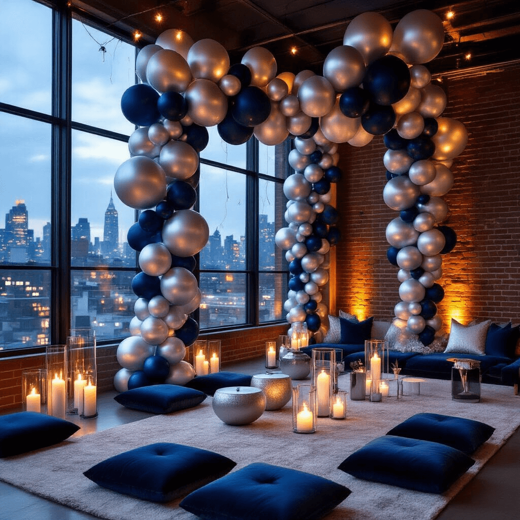 50th Birthday Balloon Decorations That'll Make You Want to Turn 50 Again Moody cinematic shot of a modern apartment decorated for an evening celebration, featuring dramatic silver and navy balloon garlands, ambient fairy lights, and city lights visible through floor-to-ceiling windows, with low tables, velvet cushions, and elegant tableware creating a sophisticated atmosphere.