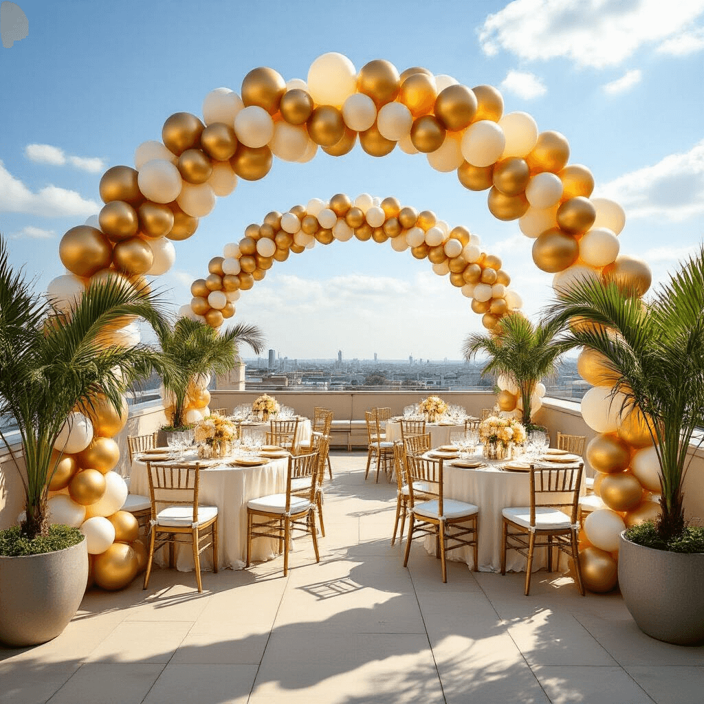 50th Birthday Balloon Decorations That'll Make You Want to Turn 50 Again Wide-angle view of a sunlit rooftop terrace decorated for a 50th birthday, featuring grand gold and ivory balloon arches, elegant seating areas, and cocktail tables with white linens and gold accents, set against a blue sky and city skyline.
