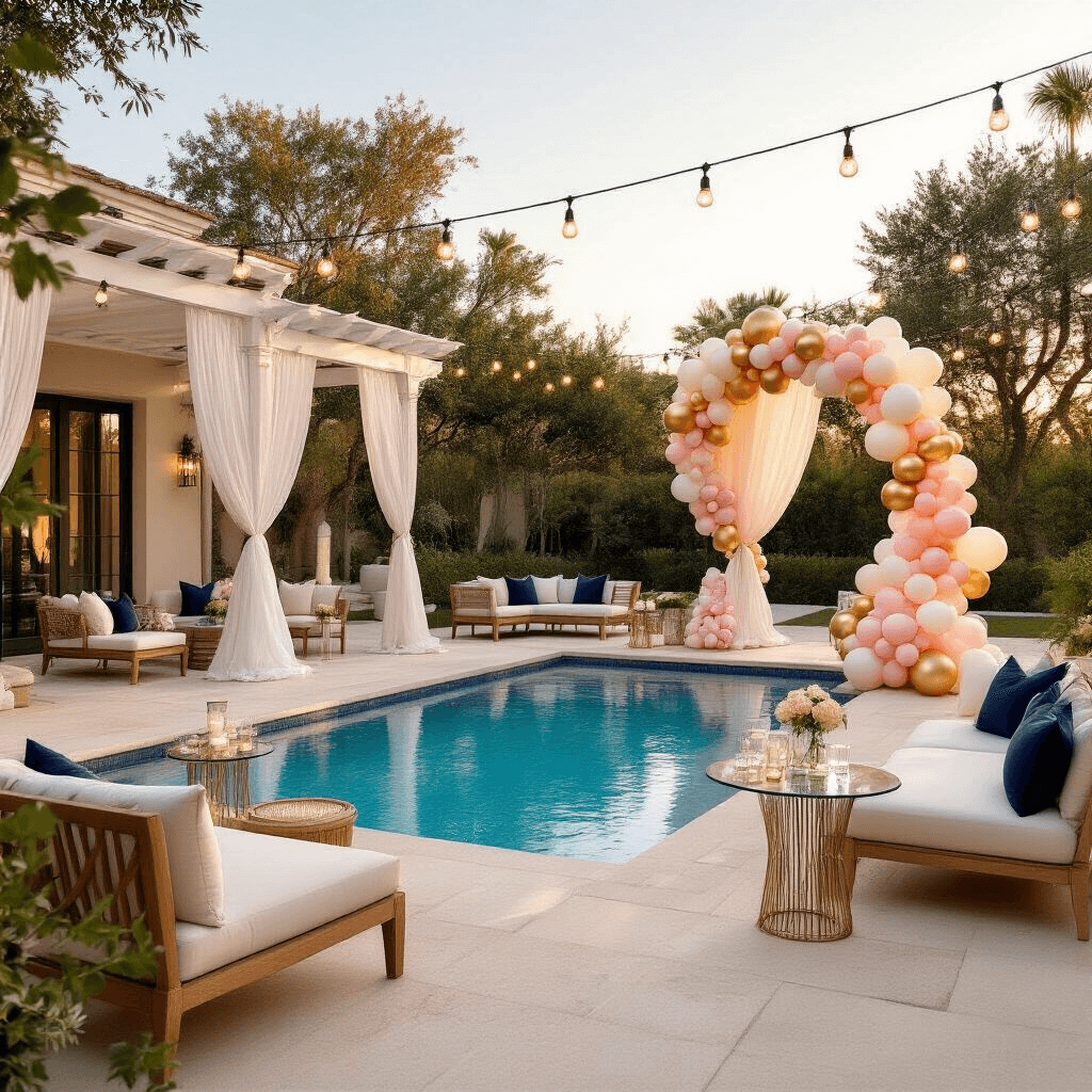 Can You Put Balloons in a Pool? Everything You Need to Know About Pool Balloon Safety Elegant poolside birthday celebration at golden hour, featuring a sophisticated balloon display, crystal blue pool, cream travertine decking, teak lounge furniture with navy cushions, a blush pink and ivory balloon arch over a white pergola, and beautifully set tables with orchid centerpieces.