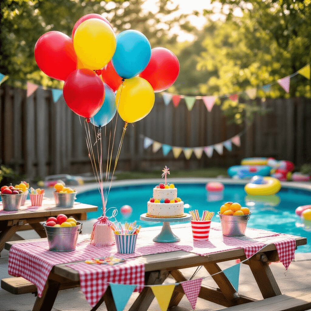 Can You Put Balloons in a Pool? Everything You Need to Know About Pool Balloon Safety Close-up of a whimsical children's pool party setup featuring vibrant balloons, a birthday cake on a picnic table, and colorful pool toys, all illuminated by soft morning light.
