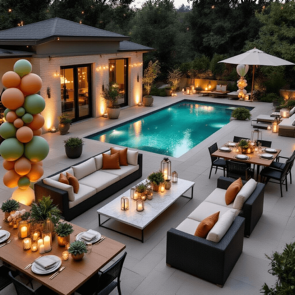 Can You Put Balloons in a Pool? Everything You Need to Know About Pool Balloon Safety Overhead view of an elegantly transformed pool deck for an evening celebration, featuring a modern swimming pool with an infinity edge, illuminated by fairy lights and LED candles, adorned with sage green, terracotta, and cream balloon installations, surrounded by stylish outdoor seating and dining areas.