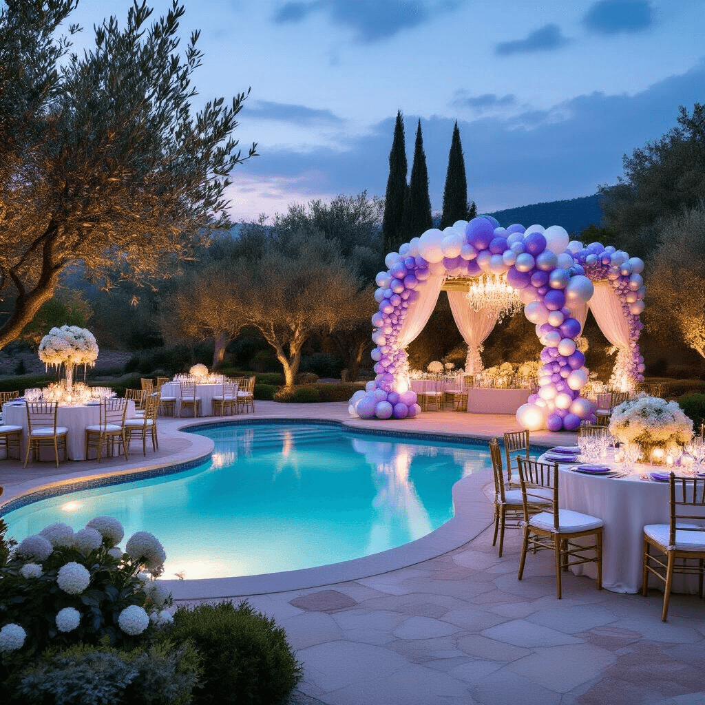 Can You Put Balloons in a Pool? Everything You Need to Know About Pool Balloon Safety A dreamy garden party with elegant balloon décor and lush landscaping, illuminated during the blue hour, featuring a kidney-shaped pool, ivory-draped tables, and towering floral centerpieces, all safely distanced from the water's edge.