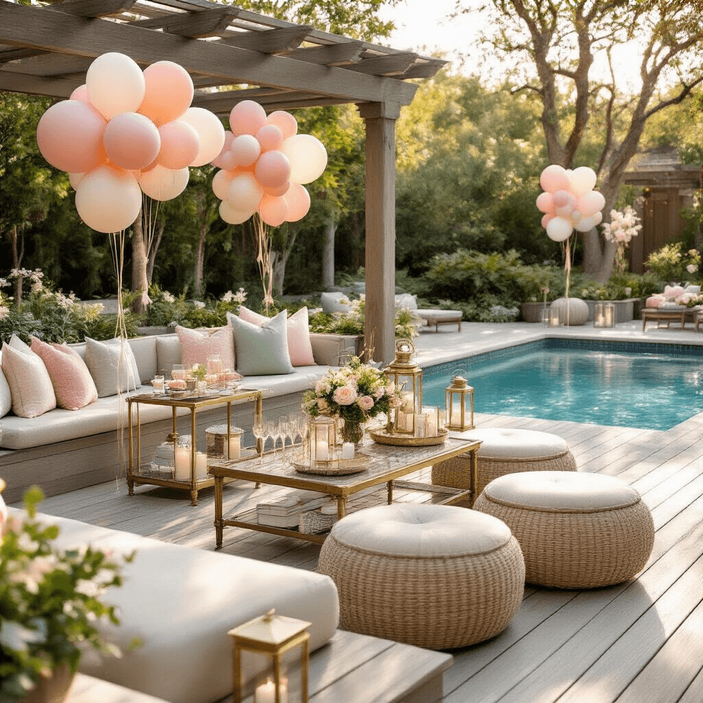 Can You Put Balloons in a Pool? Everything You Need to Know About Pool Balloon Safety Intimate close-up of a boutique pool party vignette featuring pastel balloon displays near a residential pool deck, with natural wood planking, built-in seating, a vintage brass mobile bar, and cozy outdoor seating, all illuminated by golden afternoon light.