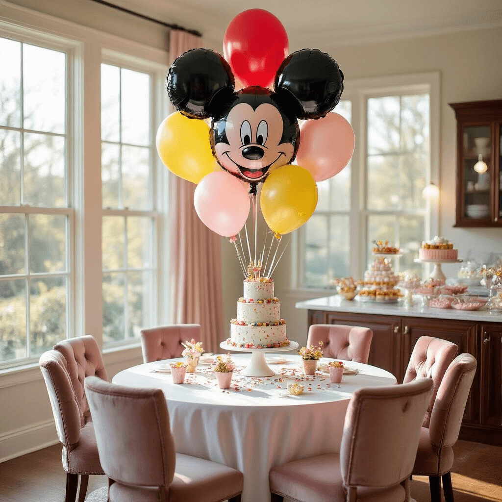Every Mickey Mouse Balloon Option You Need to Know (Because Your Kid's Party Depends On It) Photorealistic wide-angle view of an elegant indoor living room set for a Mickey Mouse birthday party, featuring a round dining table with a white linen tablecloth, towering Mickey head balloons, a tiered birthday cake, pastel Mickey face balloons, velvet dining chairs, and silk ribbon streamers, all bathed in soft morning light.