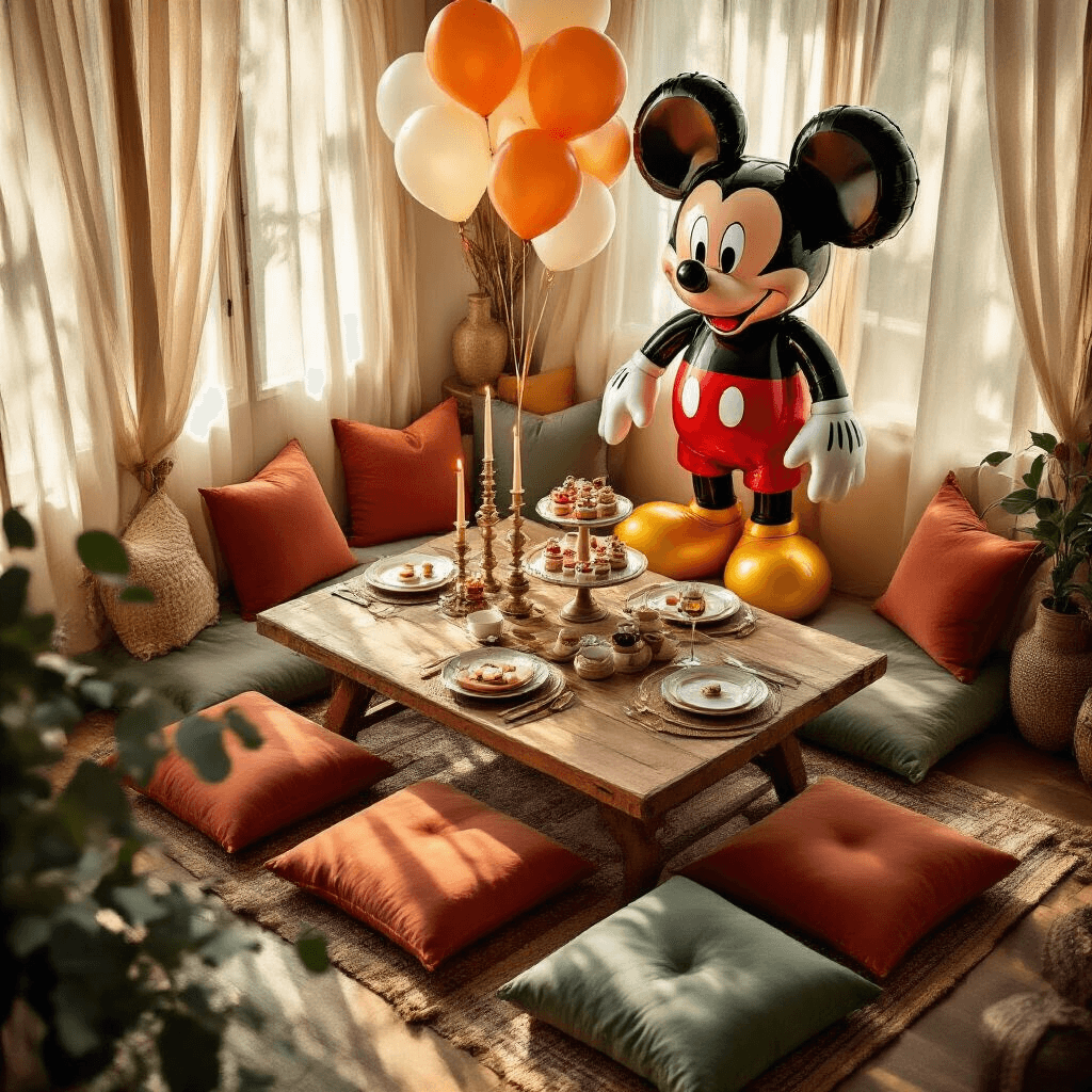 Every Mickey Mouse Balloon Option You Need to Know (Because Your Kid's Party Depends On It) Cinematic overhead shot of a cozy Mickey Mouse-themed dining nook, featuring a low wooden table with plush terracotta and sage green cushions, a large AirWalker Mickey balloon, clusters of clear latex balloons with confetti, themed desserts, flickering candles, and fresh eucalyptus garland, all bathed in warm golden hour light.
