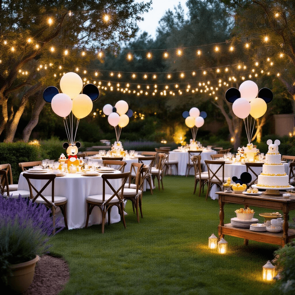 Every Mickey Mouse Balloon Option You Need to Know (Because Your Kid's Party Depends On It) A stylish backyard Mickey Mouse party setup featuring round tables with white linens, balloon centerpieces, string lights, a rustic dessert cart, and elegant seating amidst a magical evening atmosphere.