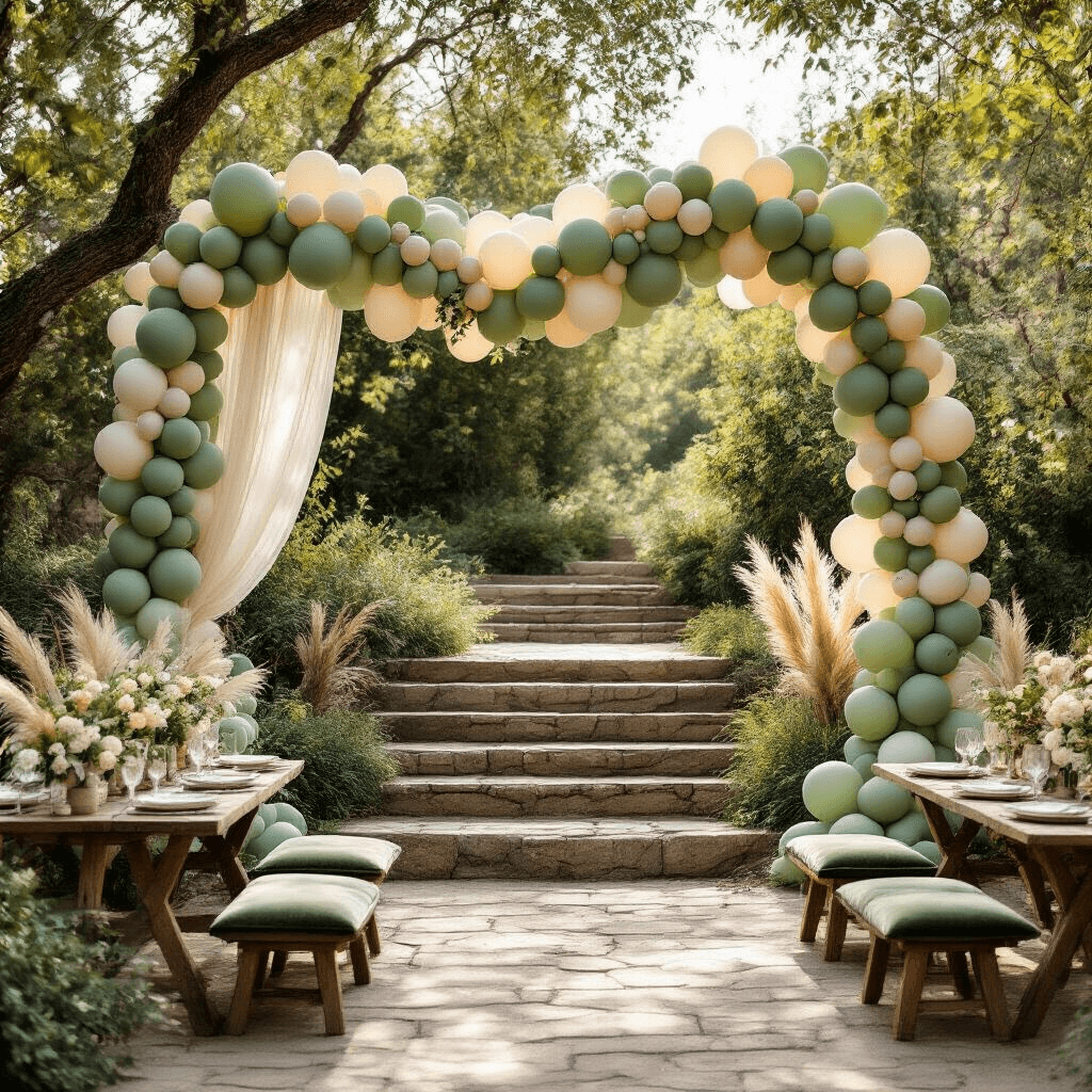 Wedding Balloons: The Ultimate Guide to Elegant Balloon Décor That Won't Make Your Reception Look Like a Kid's Party Overhead view of an intimate garden wedding setup featuring a monochromatic sage green balloon garland, eucalyptus, and cream accents on rustic wooden stairs and a vintage dessert cart, surrounded by lush greenery and dappled sunlight.