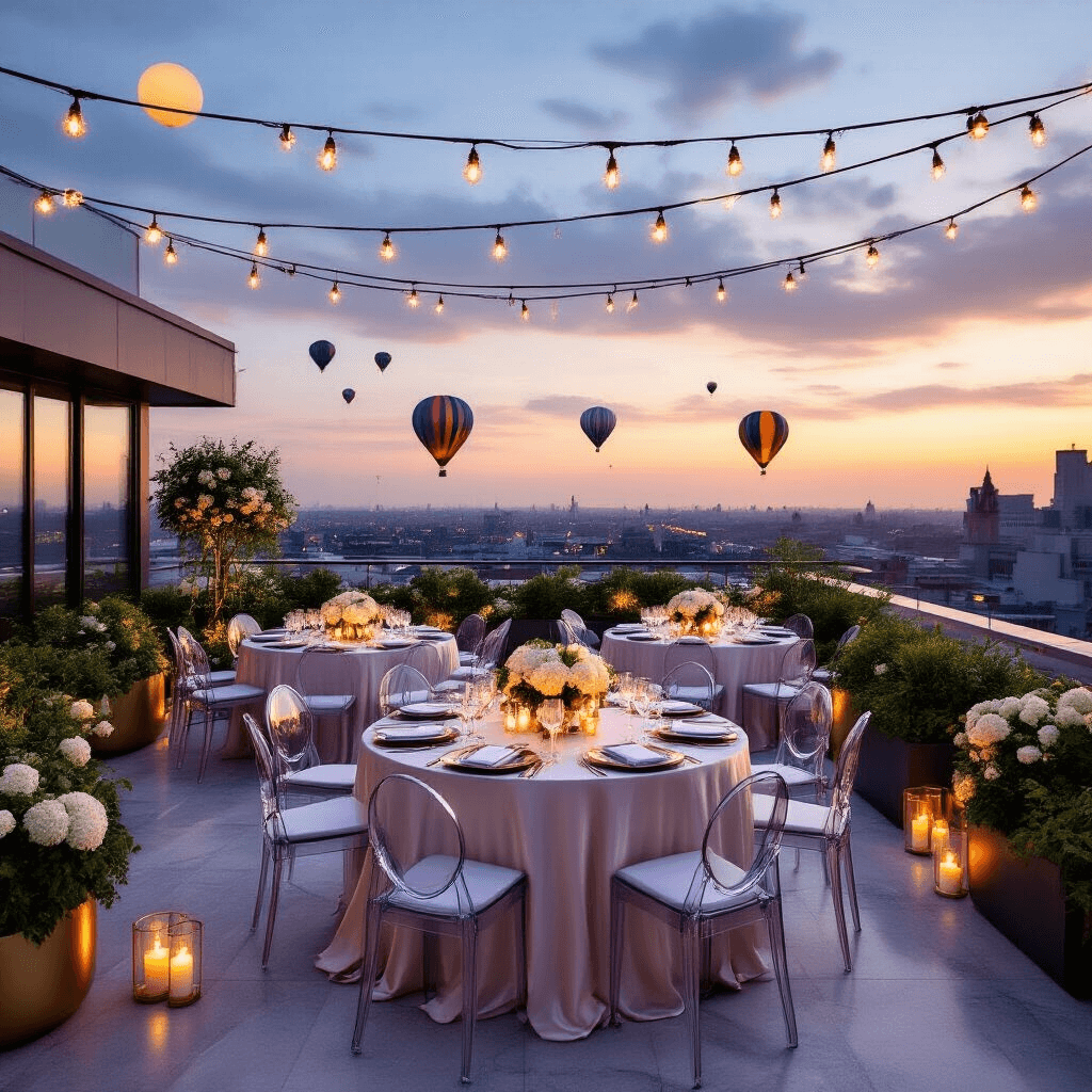 How to Photograph Hot Air Balloons Like a Pro (Even If You're Not One) An overhead view of an elegant rooftop terrace evening celebration featuring round tables with ivory silk linens, gold-rimmed glassware, and white hydrangea centerpieces. Abundant greenery in geometric planters, fairy lights overhead, and hot air balloons in the twilight sky set a magical ambiance. Ghost chairs with silver cushions surround marble surfaces illuminated by pillar candles, while a champagne station showcases tiered crystal displays against a twinkling city skyline.