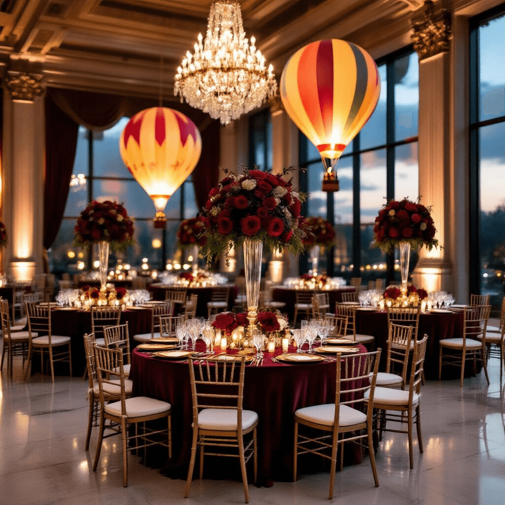 How to Photograph Hot Air Balloons Like a Pro (Even If You're Not One) A luxurious indoor ballroom adorned with rich burgundy velvet table linens, gold charger plates, and crystal stemware, illuminated by ornate chandeliers and ambient candlelight, featuring vibrant floral centerpieces and glowing hot air balloons outside.