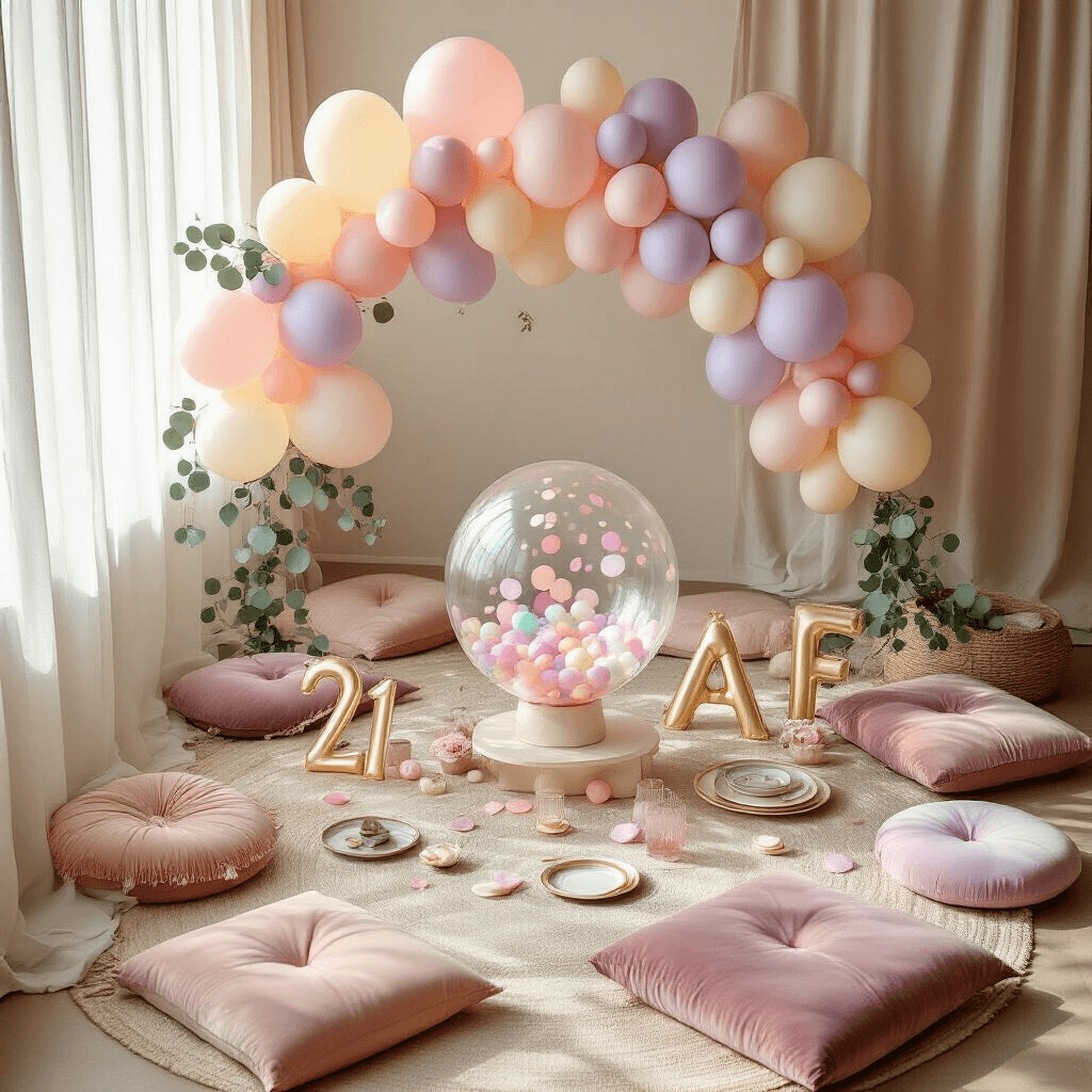21st Birthday Balloons That'll Make Your Celebration Actually Instagram-Worthy Photorealistic overhead view of an intimate modern apartment celebration, featuring pastel balloon arrangements, a clear bubble balloon centerpiece, velvet floor cushions, and elegant tableware, all illuminated by soft morning light filtering through sheer curtains.