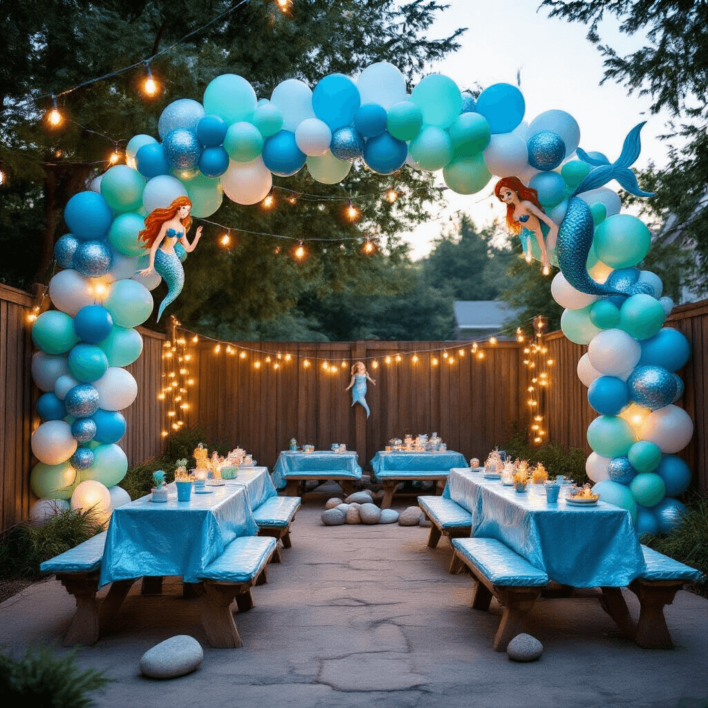 Mermaid Balloons: Everything You Need to Know About Creating an Underwater Paradise A whimsical backyard mermaid birthday party at twilight, featuring a colorful DIY balloon installation, picnic-style low tables with waterproof tablecloths, and cozy floor cushions, all illuminated by fairy lights and creating a magical, underwater grotto atmosphere.