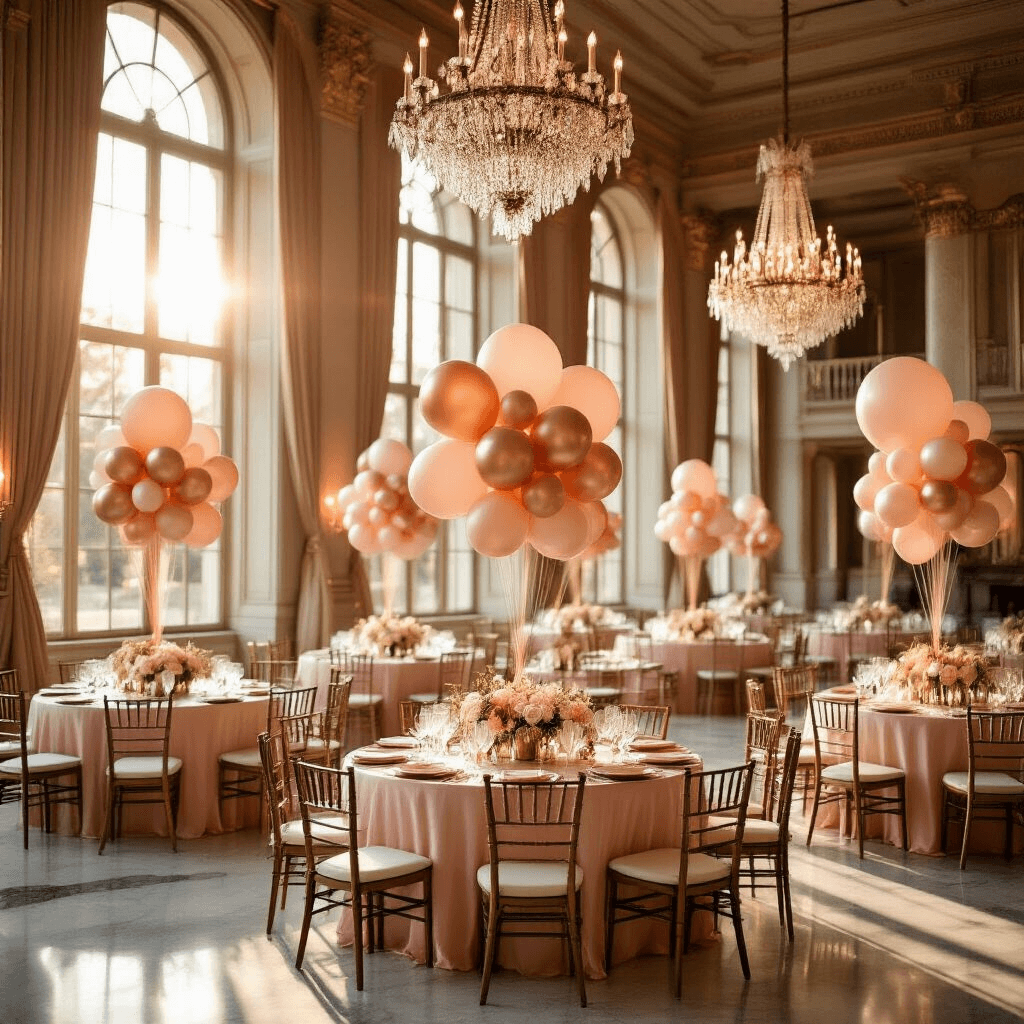 Helium Balloons for Birthday Celebrations: Your Complete Guide to Party-Perfect Floating Fun A luxurious indoor ballroom decorated for a birthday celebration, featuring blush pink silk tablecloths, towering balloon centerpieces, and elegant place settings, all illuminated by warm golden hour sunlight streaming through tall windows.