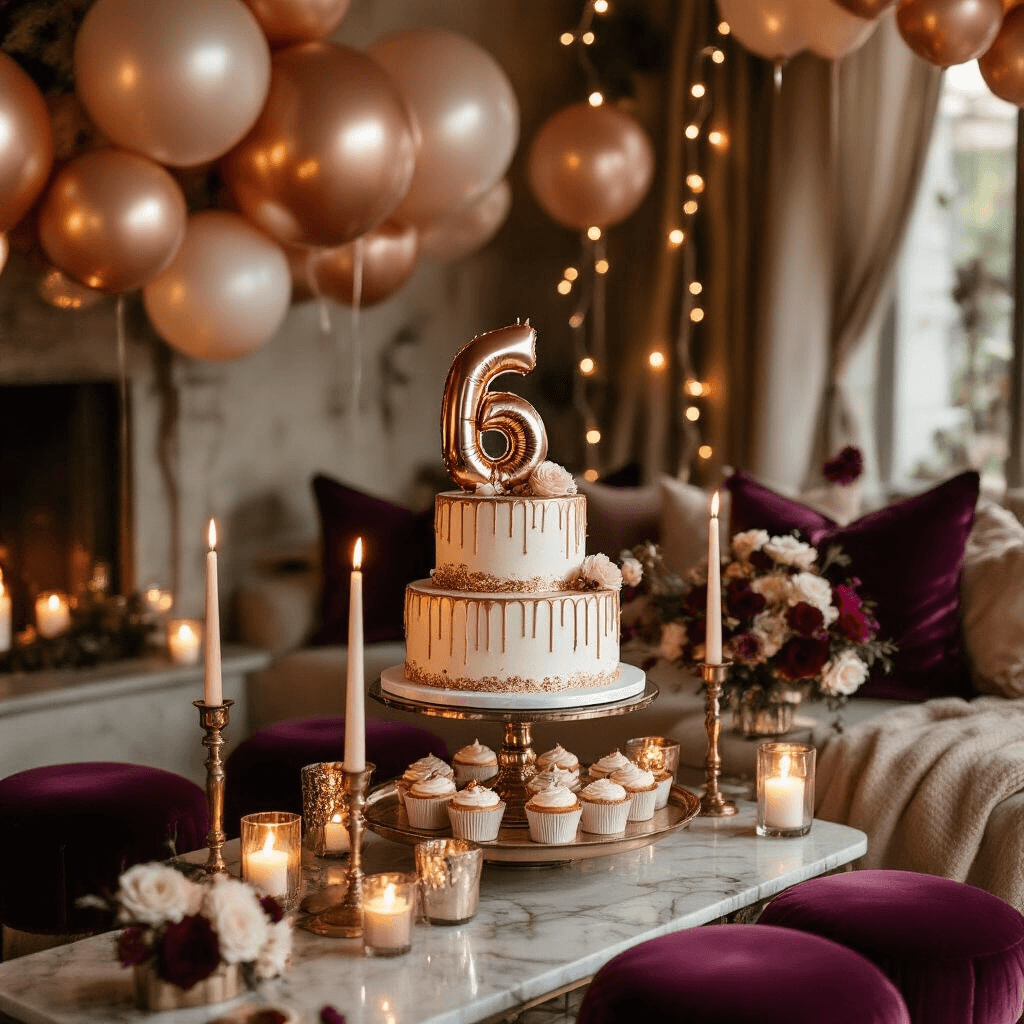 Helium Balloons for Birthday Celebrations: Your Complete Guide to Party-Perfect Floating Fun A close-up detail of an intimate candlelit birthday celebration featuring a tiered cake on a silk-draped dessert cart, rose gold foil balloons, flickering candles, and rich jewel-toned cushions, all illuminated by soft candlelight and fairy lights.