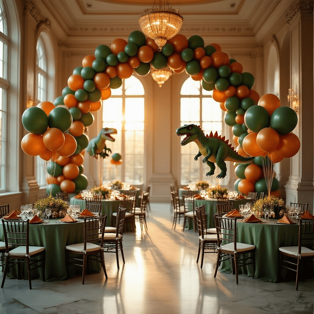 Dinosaur Balloons That'll Make Your Party Roar (Without the Mess) A whimsical indoor ballroom transformed into a prehistoric wonderland, featuring round tables with sage green linens, towering dinosaur balloons, and a colorful balloon arch, all bathed in warm golden light.