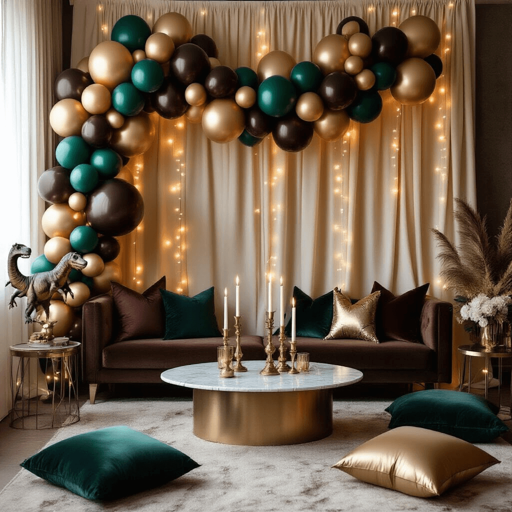 Dinosaur Balloons That'll Make Your Party Roar (Without the Mess) A sophisticated dinosaur-themed evening gathering in a cozy living room with candlelight, featuring a balloon garland in deep emerald, chocolate brown, and champagne colors, surrounded by velvet cushions, a marble coffee table with brass candelabras, and warm fairy lights illuminating the scene.
