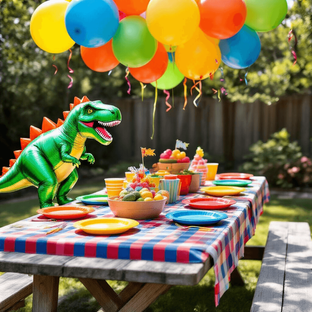 Dinosaur Balloons That'll Make Your Party Roar (Without the Mess) A vibrant backyard party setup featuring a weathered wooden picnic table with a red and blue checkered tablecloth, adorned with colorful dinosaur balloons, bold melamine plates, striped cups, and sunflower centerpieces, all illuminated by midday sunlight.