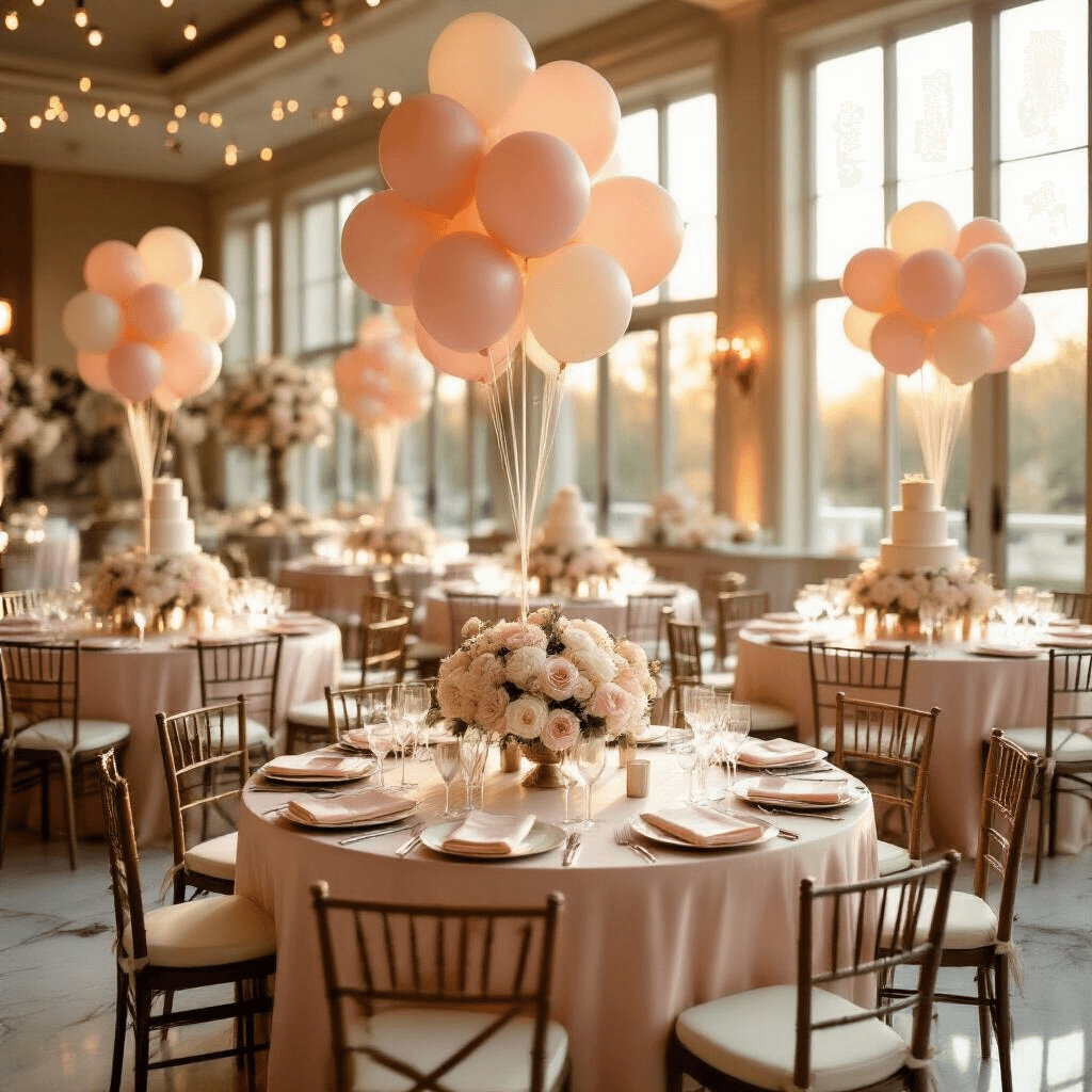 How to Tie Balloons Together: The Ultimate Guide to Creating Stunning Balloon Displays Elegant indoor ballroom birthday party setup during golden hour with blush pink linens, balloon centerpieces, and soft sunlight on marble floors, featuring a dessert table with cake displays, floral arrangements, and twinkling fairy lights.