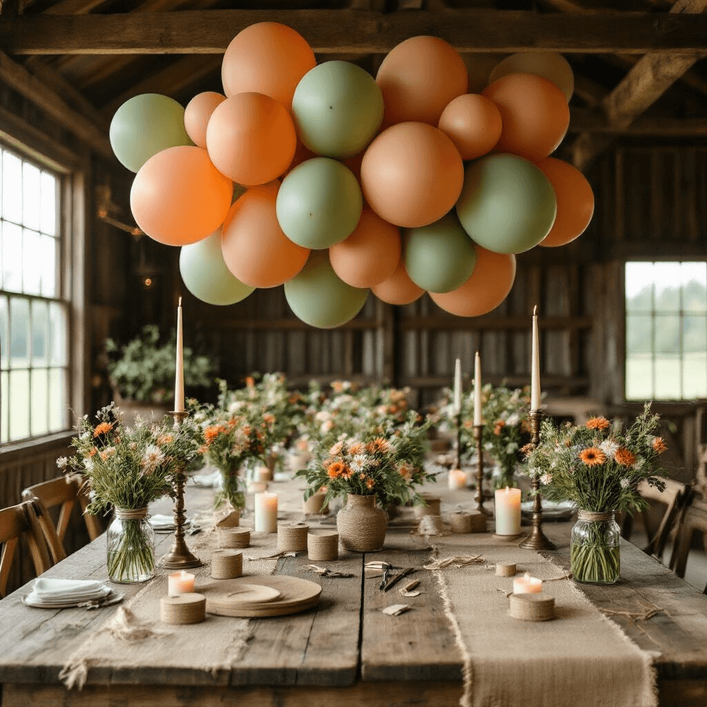 How to Tie Balloons Together: The Ultimate Guide to Creating Stunning Balloon Displays Overhead view of a rustic barn party setup, featuring balloon clusters in terracotta and sage green on weathered wood tables, mason jars with wildflowers as centerpieces, and burlap table runners, all illuminated by soft morning light filtering through barn windows.