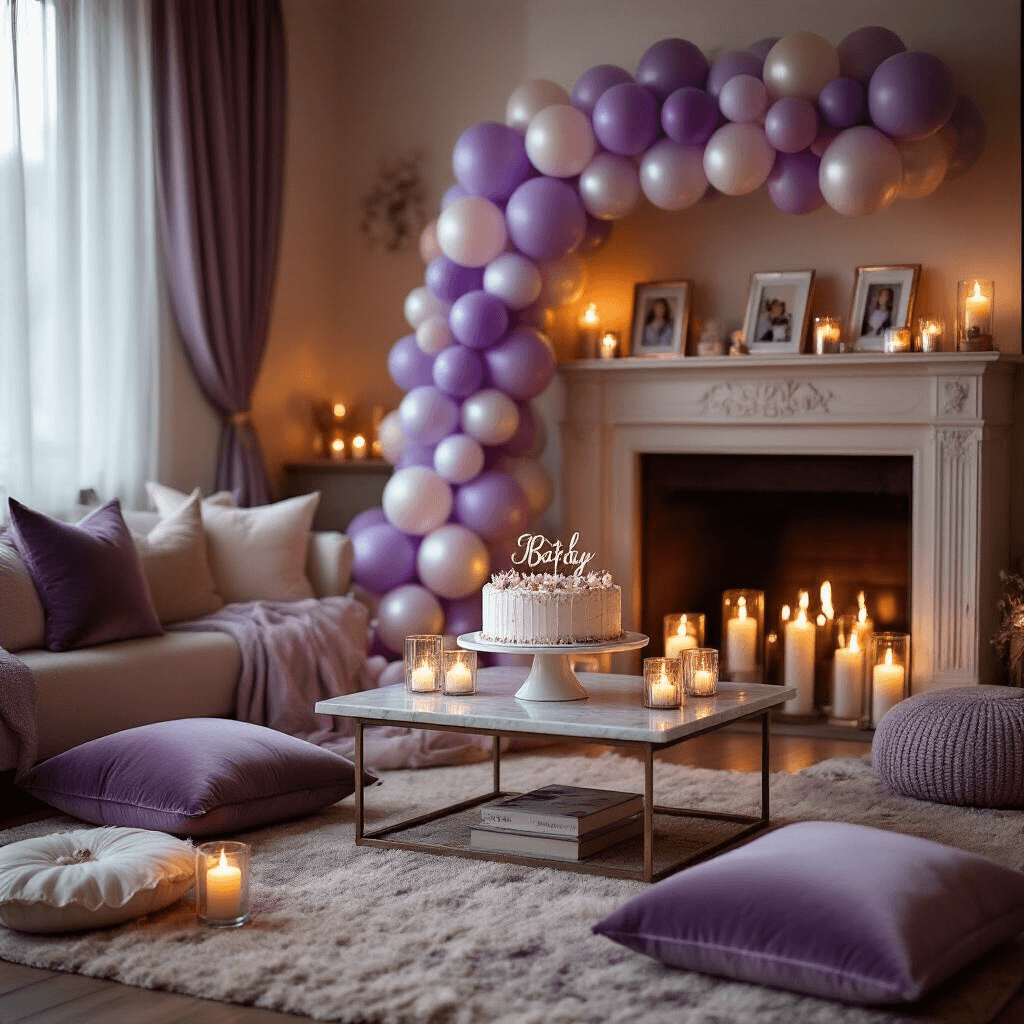 How to Tie Balloons Together: The Ultimate Guide to Creating Stunning Balloon Displays Close-up of a cozy living room birthday setup, featuring a lavender and silver balloon garland along a mantelpiece, velvet cushions on the floor, a birthday cake on a marble stand, warm candlelight casting soft shadows, and personalized decor, creating an intimate celebration atmosphere.