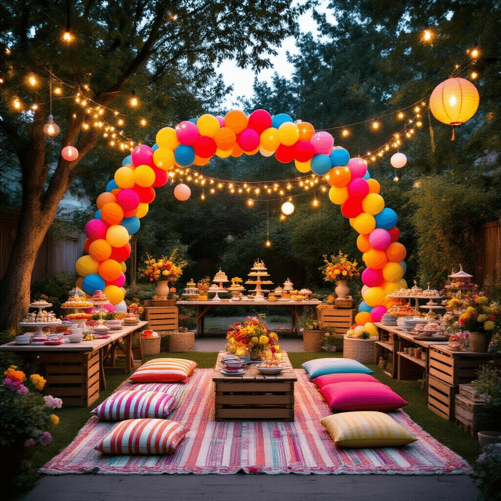 How to Tie Balloons Together: The Ultimate Guide to Creating Stunning Balloon Displays A vibrant backyard garden party at night, featuring a colorful balloon arch, picnic-style tables with striped linens, floor cushions, string lights overhead, dessert cart stations with balloons and streamers, ceramic serving pieces on wooden crates, fresh flowers, paper lanterns, and custom party favors, all illuminated by a warm fairy light glow.
