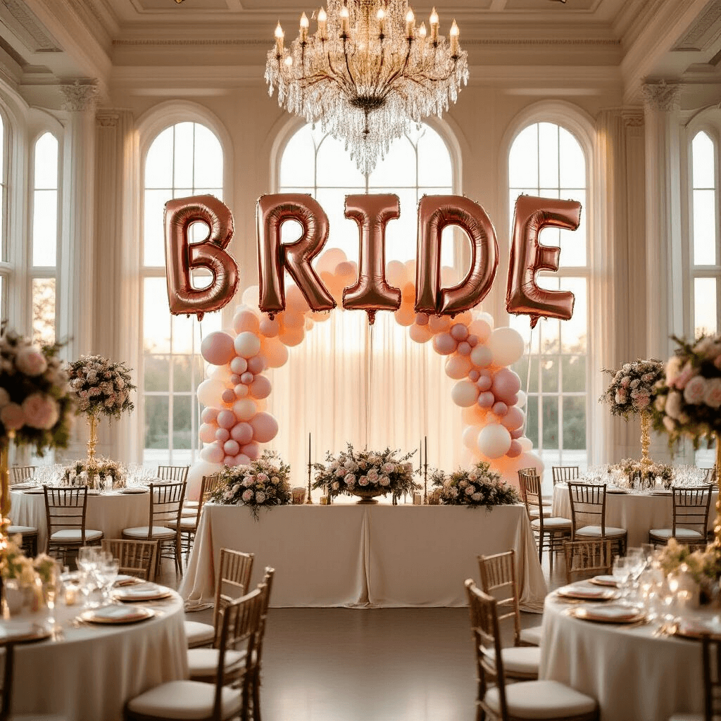 Bride-to-Be Balloons: Everything You Need to Know Before Your Big Celebration A luxurious indoor ballroom during golden hour, featuring rose gold letter balloons spelling 'BRIDE', ornate gift table, crystal chandeliers, blush pink floral centerpieces, ivory china place settings, and a colorful balloon garland, illuminated by soft natural light.