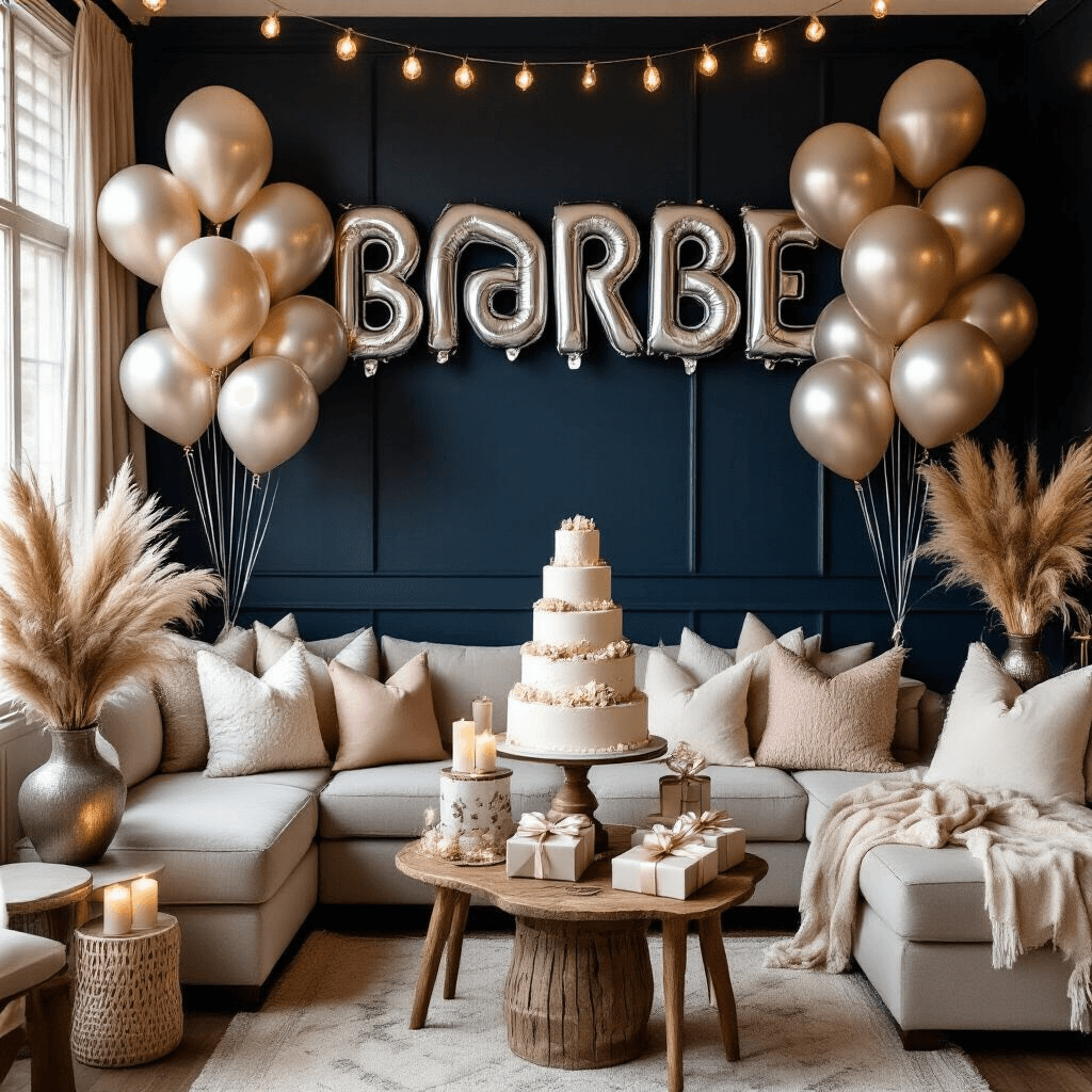Bride-to-Be Balloons: Everything You Need to Know Before Your Big Celebration A cozy living room decorated for a bachelorette celebration, featuring silver letter balloons on deep navy walls, a tiered birthday cake display on vintage stands, clusters of metallic balloons, warm lighting from string lights and pillar candles, plush throw pillows in cream and blush, a personalized gift table with wrapped presents, layered textiles, ceramic vases with dried pampas grass, and elegant balloon ribbon trails.