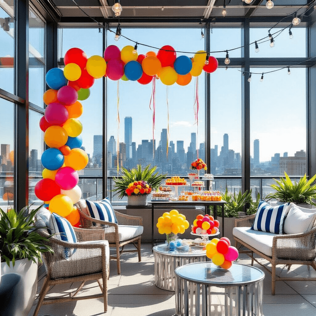 Bride-to-Be Balloons: Everything You Need to Know Before Your Big Celebration A vibrant rooftop terrace setup featuring a whimsical balloon garland in primary colors, contemporary outdoor furniture with navy and white striped cushions, a colorful dessert cart, round cocktail tables with balloon bouquets, urban skyline backdrop, string lights, tropical plants, and a photo zone with balloon letter displays.
