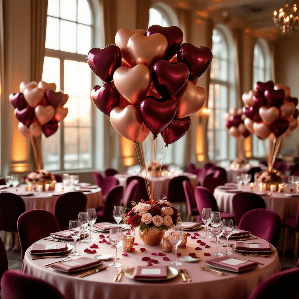 Valentine's Day Balloon Bouquets That'll Make Your Heart Skip a Beat (And Won't Die in Three Days) Elegant Valentine's Day ballroom with round tables featuring heart-shaped balloon bouquets in burgundy and rose gold, illuminated by golden hour light, silk blush pink linens, marble floors, and luxurious deep red velvet chair cushions, creating a romantic atmosphere with scattered rose petals and personalized place cards.