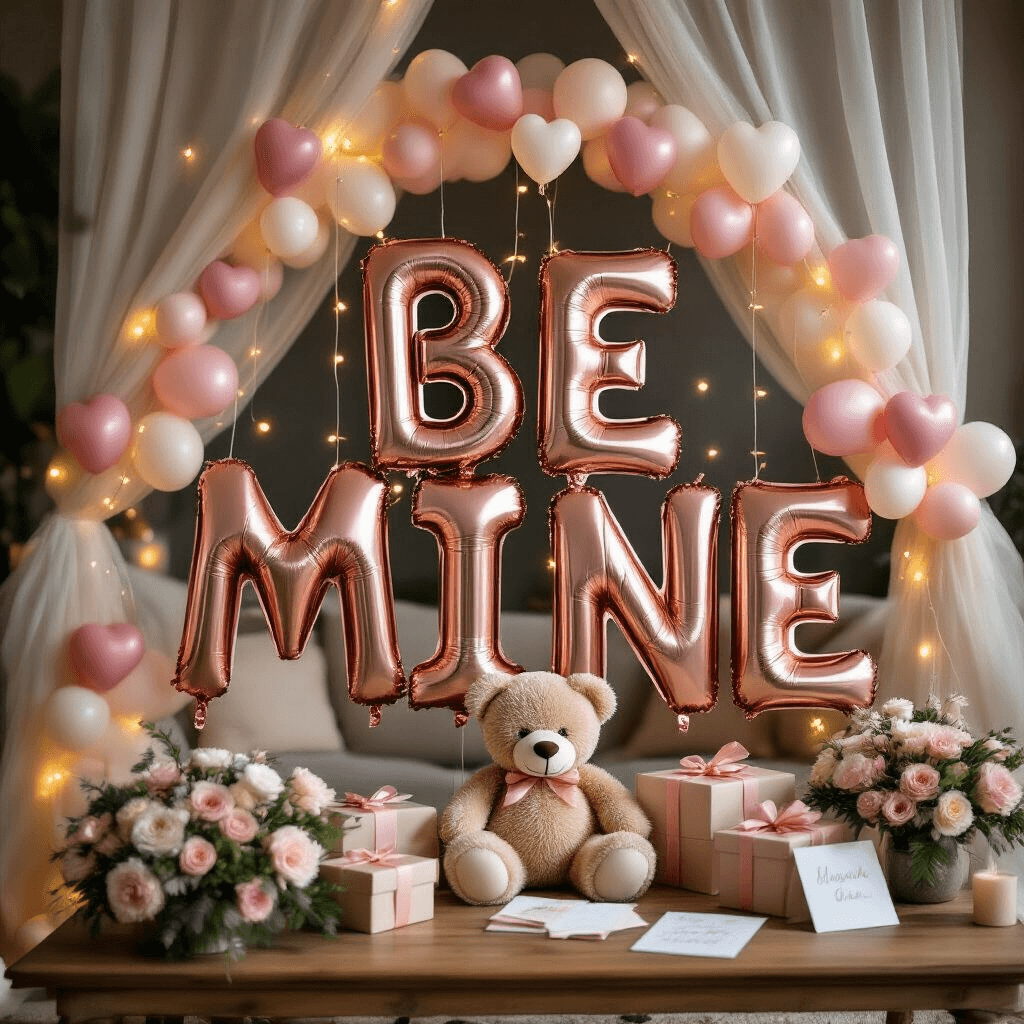 Valentine's Day Balloon Bouquets That'll Make Your Heart Skip a Beat (And Won't Die in Three Days) Intimate close-up of a 'BE MINE' balloon arrangement in rose gold foil against sheer drapery, adorned with fairy lights and surrounded by a teddy bear, gift boxes, and fresh florals in a cozy living room ambiance.