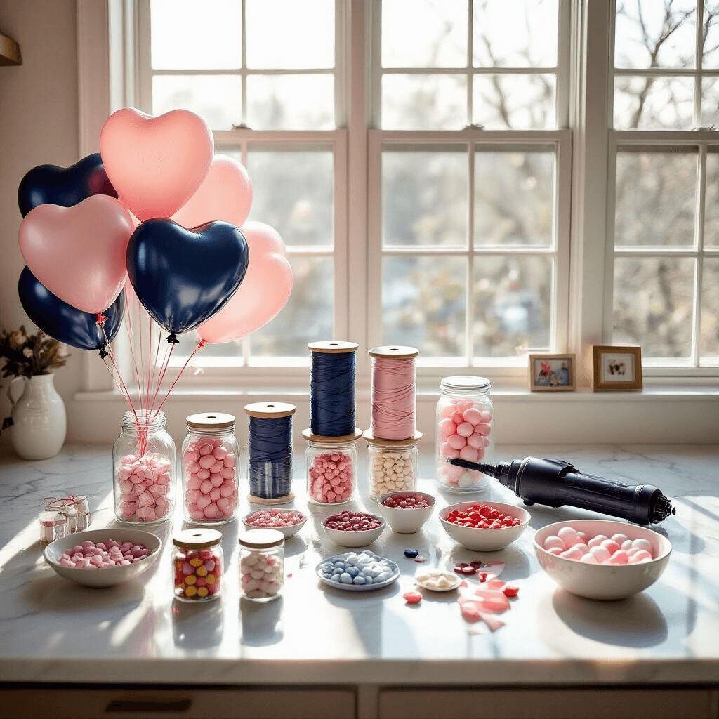 Valentine's Day Balloon Bouquets That'll Make Your Heart Skip a Beat (And Won't Die in Three Days) Overhead flat lay of a DIY balloon bouquet assembly station in a modern apartment, featuring navy and blush heart balloons, curling ribbons, decorative mason jars with candy hearts, an electric balloon pump, and arranged accessories on a marble countertop, illuminated by soft morning light.