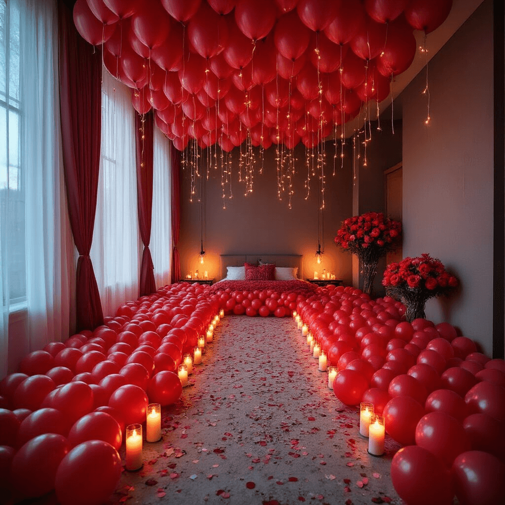 Valentine's Day Balloon Bouquets That'll Make Your Heart Skip a Beat (And Won't Die in Three Days) A romantic bedroom filled with hundreds of red balloons, lit by moody evening lighting and candles, featuring a clear pathway to a photo area, fairy lights, and confetti-filled balloons, with sheer curtains framing tall windows.