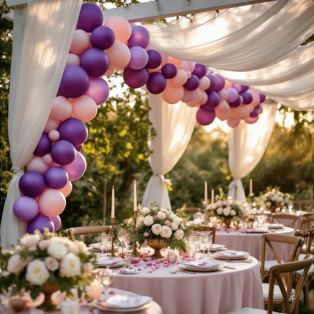 Purple Balloons: Everything You Need to Know About Choosing the Perfect Shade and Style A picturesque garden party bridal shower with a white pergola adorned in lavender balloon garlands, blush silk table linens, low floral centerpieces, vintage brass candlesticks, and soft sunlight creating a dreamy atmosphere on a wooden deck.