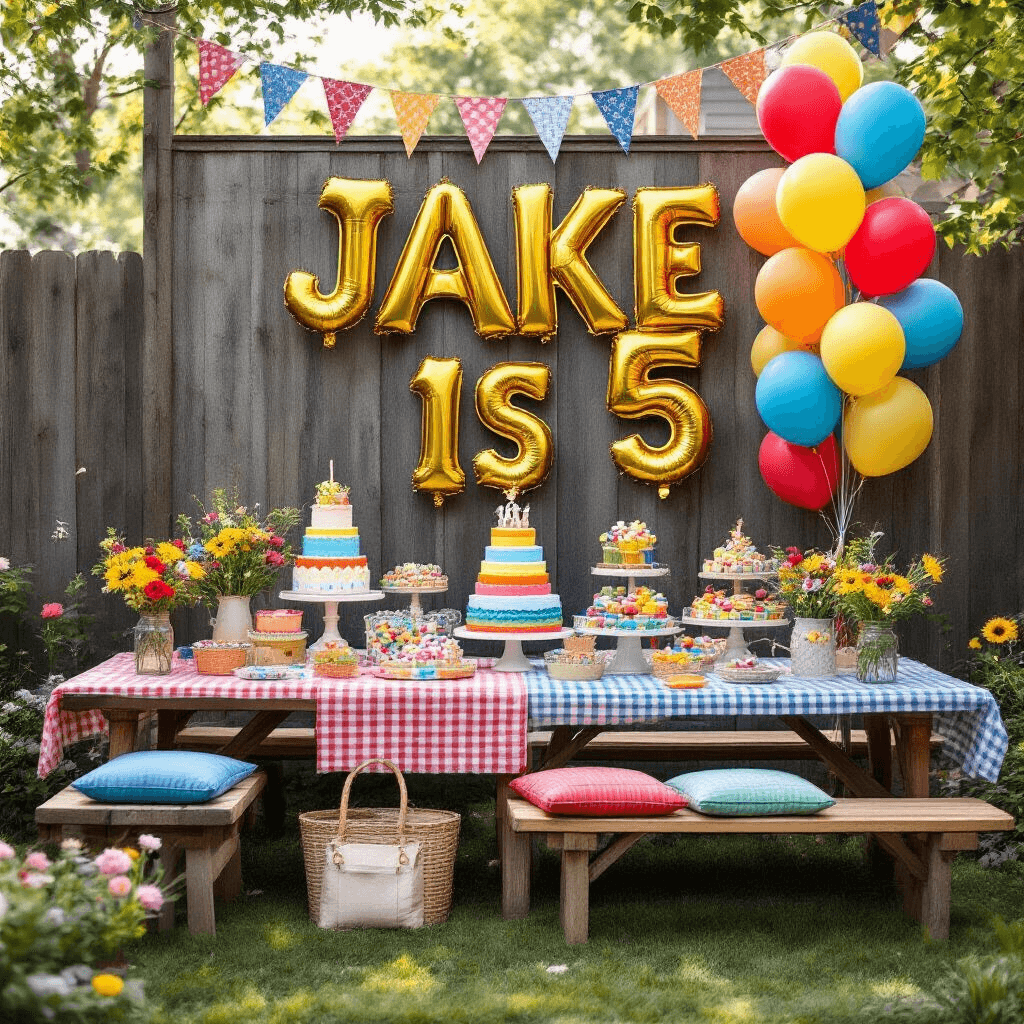 Letter Balloons: Everything I Learned About Spelling Out Celebrations in Style Close-up of a whimsical backyard birthday celebration for a five-year-old, featuring vibrant gold letter balloons spelling 'JAKE IS 5' on a rustic fence, colorful picnic tables with tiered rainbow cakes, primary color balloons, personalized party favors, bright cushioned benches, DIY bunting, wildflower centerpieces, and candy stations in apothecary jars, all bathed in soft morning light.
