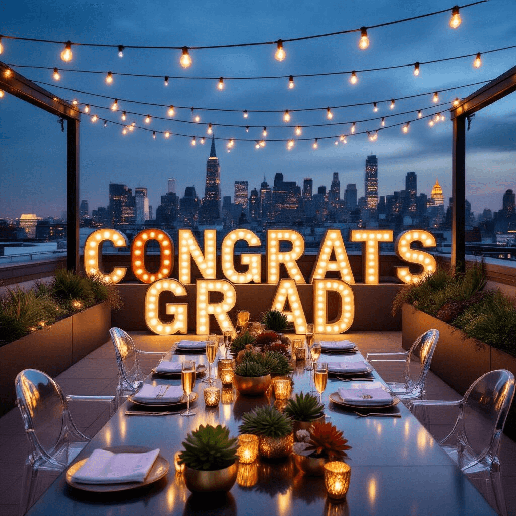 Letter Balloons: Everything I Learned About Spelling Out Celebrations in Style A stylish rooftop terrace at night filled with fairy lights, displaying metallic 'CONGRATS GRAD' letters against a city skyline, modern outdoor furniture with white linens, champagne flutes on mirrored trays, and geometric centerpieces with succulents and gold accents.