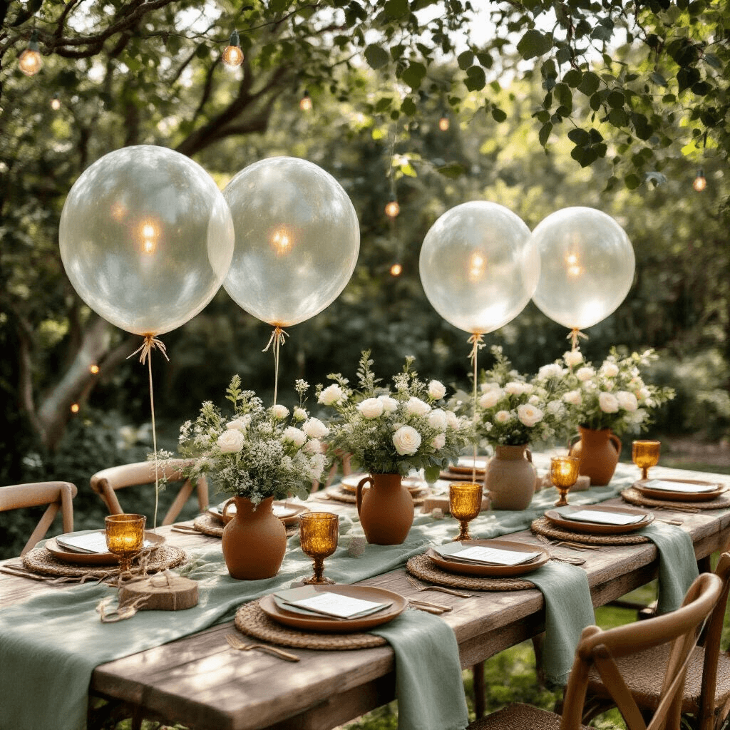Everything You Need to Know About Transparent Balloons (And Why They're About to Save Your Next Party) Overhead view of an intimate garden party setup featuring a rustic wooden table with sage green linens, terracotta place settings, transparent balloons filled with dried flowers, vintage brass candles, white roses, LED fairy lights, rattan charger plates, amber glassware, and handwritten place cards, all illuminated by soft morning light.
