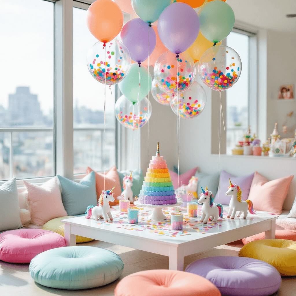 Everything You Need to Know About Transparent Balloons (And Why They're About to Save Your Next Party) A whimsical children's birthday party corner with a low white table surrounded by colorful cushions, featuring transparent balloons filled with rainbow confetti, miniature unicorns, and a three-tiered rainbow ombre cake, all set in a bright modern apartment with natural sunlight.