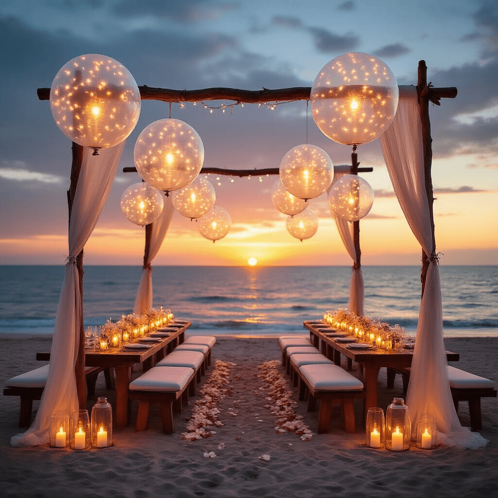 Everything You Need to Know About Transparent Balloons (And Why They're About to Save Your Next Party) Cinematic wide shot of a romantic beachfront reception at golden hour, featuring driftwood arches with transparent balloons and LED lights, low wooden tables with ivory runners, white cushioned benches, clear balloons with orchids and confetti, hurricane lanterns with candles, rose petals scattered on the sandy beach, and a warm glow from illuminated balloons against a sunset backdrop.