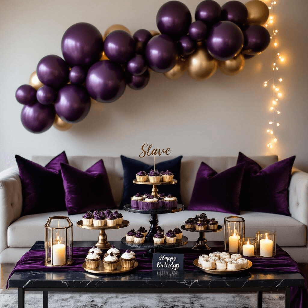 Purple Balloons: Everything You Need to Know About Choosing the Perfect Shade and Style A moody overhead flat lay of a sophisticated adult birthday celebration featuring deep plum and metallic purple balloons, tiered dessert displays on black marble pedestals, rich velvet cushions, silk table runners, ambient lighting with candles and fairy lights, and personalized signage in elegant calligraphy, all set in a modern apartment living room.